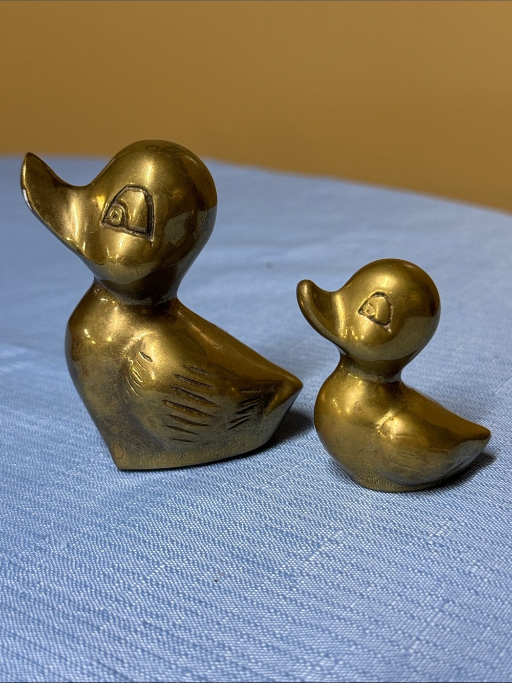 Brass Duck Pair solid brass "mama and baby" paperweights 3.25” and 2.25”